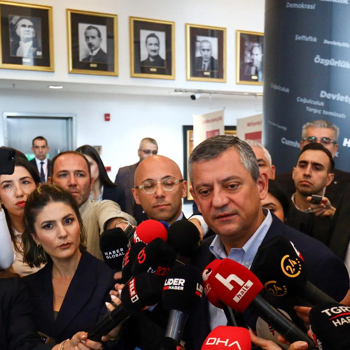 Ozgur Ozel, leader of the main opposition Republican People's Party (CHP), speaks to the media at party headquarters after a Turkish court dismissed a case seeking to remove him and annul the party's 2023 congress, in Ankara, Turkey, October 24, 2025. REUTERS/Efekan Akyuz