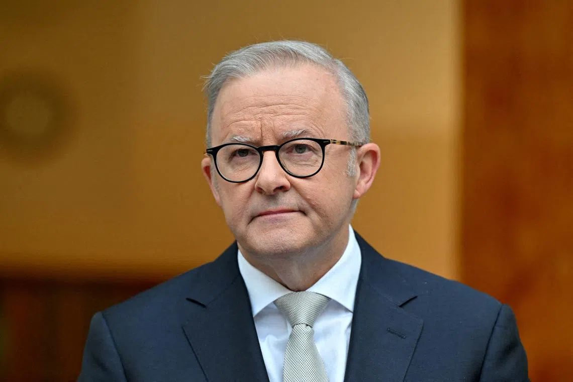 FILE PHOTO: Australian Prime Minister Anthony Albanese attends a press conference after visiting Government House to dissolve Parliament and call an election in Canberra, Australia, March 28, 2025. AAP/Mick Tsikas via REUTERS//File Photo/File Photo