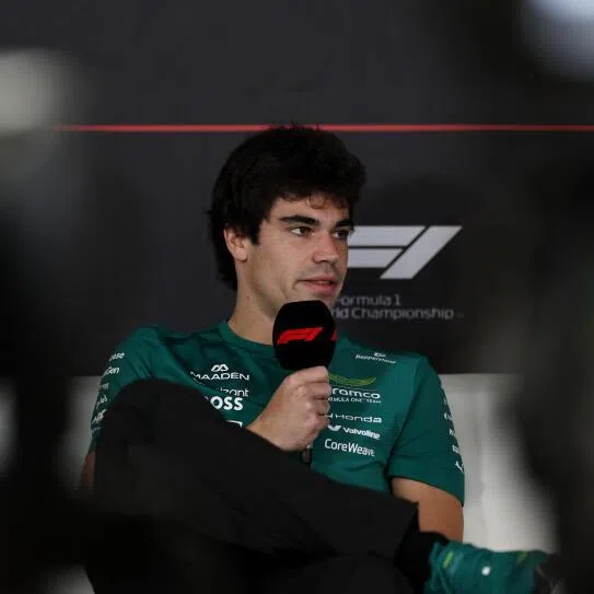 Aston Martin's Lance Stroll speaks to the media before the afternoon session of pre-season testing.