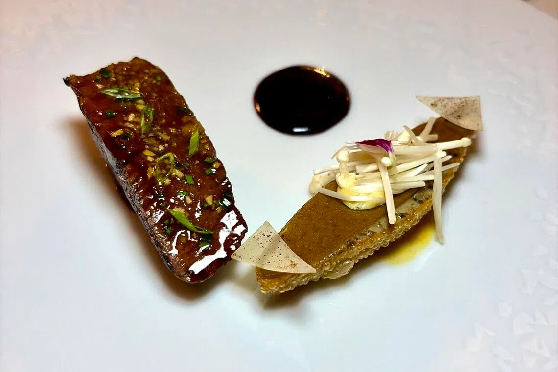 The piece de boeuf highlights tender wagyu paired with a delicate fermented mushroom tartlet.
