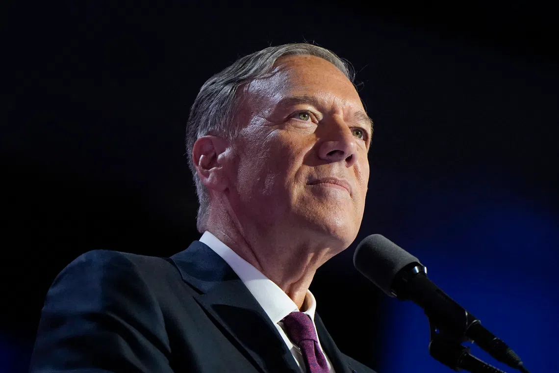 Former U.S. Secretary of State Mike Pompeo speaks on Day 4 of the Republican National Convention (RNC), at the Fiserv Forum in Milwaukee, Wisconsin, U.S., July 18, 2024. REUTERS/Elizabeth Frantz