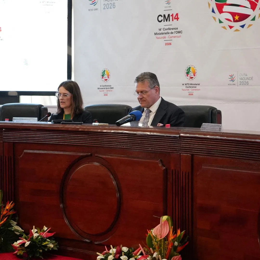 European Commissioner for Trade and Economic Security Maros Sefcovic addresses the media at the WTO 14th ministerial conference in Yaounde on March 28.