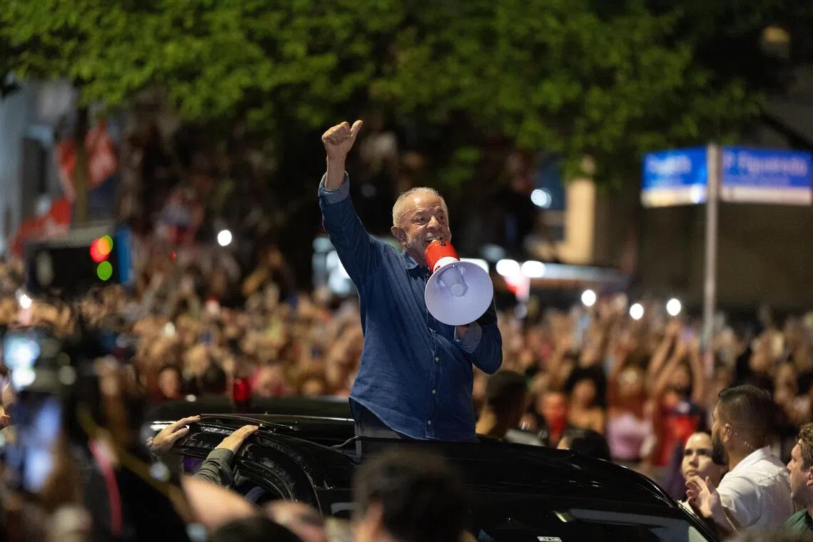 Brazilian President Luiz Inacio Lula da Silva speaking to supporters in Sao Paulo, Brazil, on Oct 25, after his re-election for a fourth term.