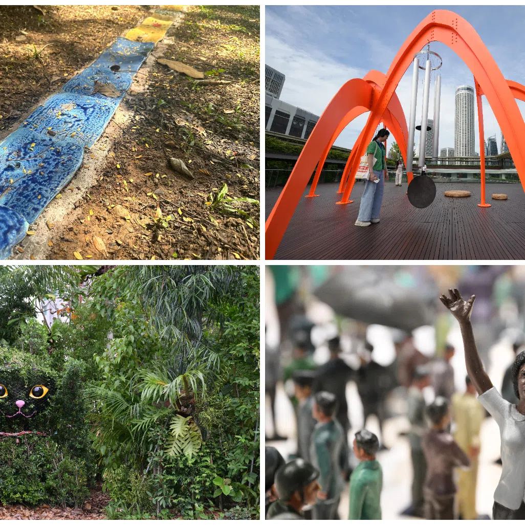 (Clockwise from top left) Kate Newby’s A Line Through Time (2025), Tuan Andrew Nguyen’s Temple (2025), Hyphen’s Tokoh-tokoh, pengabdian, dan peradaban (Figures, dedications and civilisations) (2025), and Salad Dressing’s Square Forest (2025).