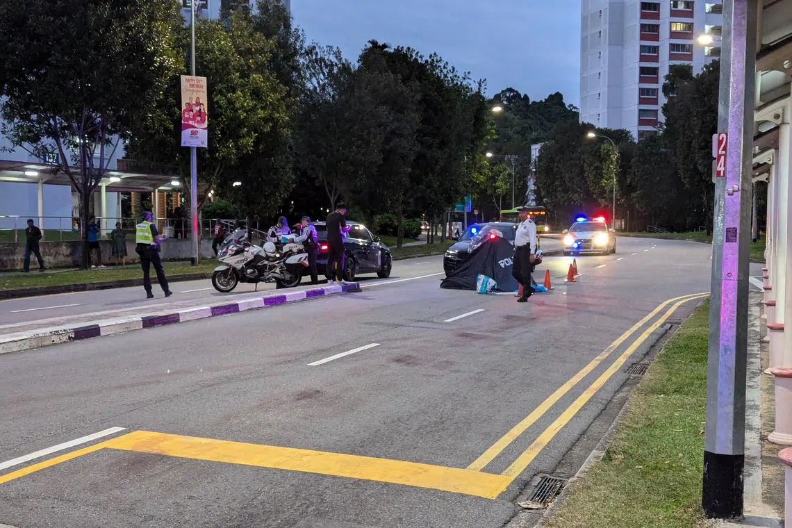 A blue police tent erected on the right lane of a two-lane dual carriageway, next to the road divider.