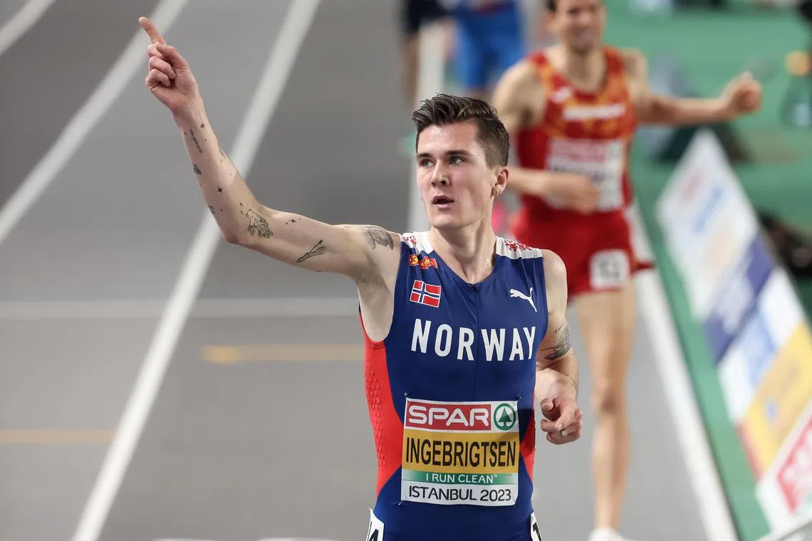 Jakob Ingebrigtsen of Norway reacting after winning the 3,000m men's final at the European Athletics Indoor Championships in Istanbul on Sunday.