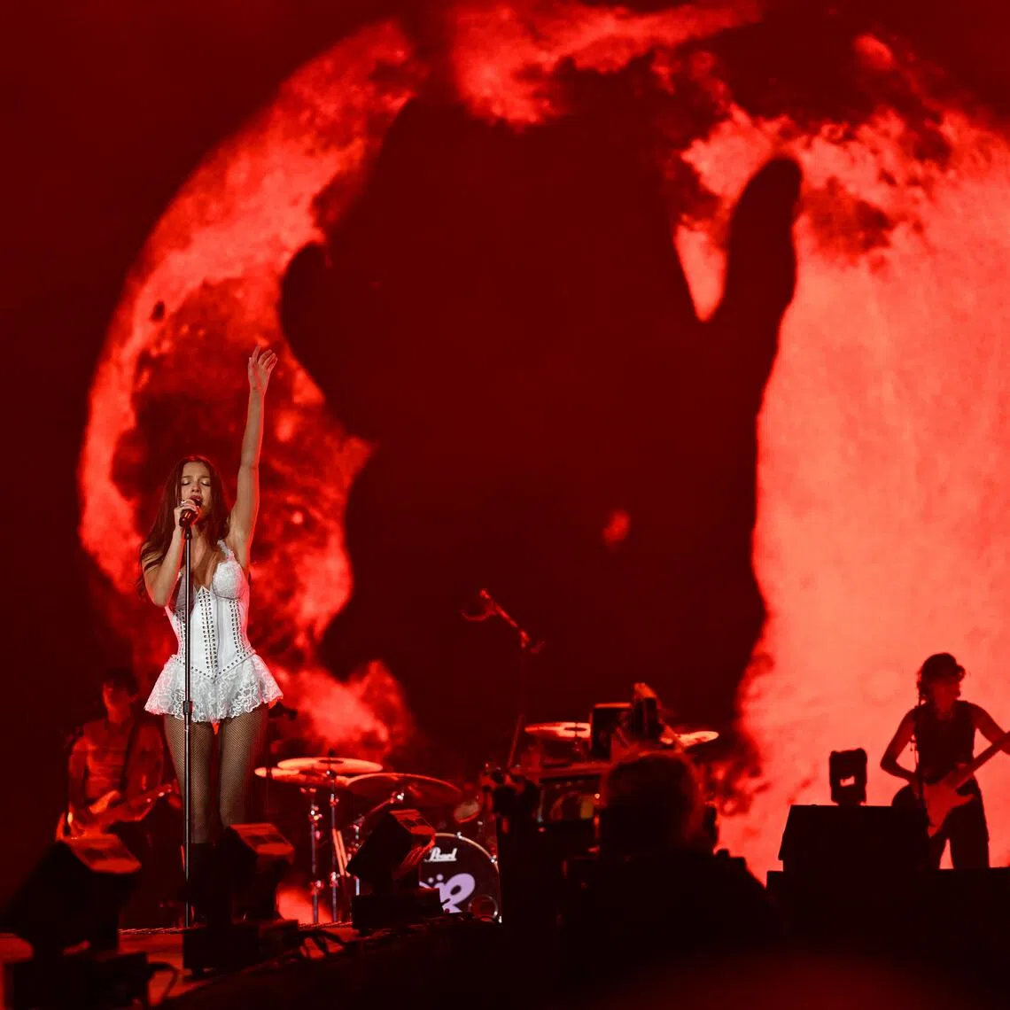 US singer Olivia Rodrigo performs on the Pyramid Stage on the final day of the Glastonbury festival at Worthy Farm in the village of Pilton in Somerset, south-west England, on June 29, 2025. (Photo by Oli SCARFF / AFP)