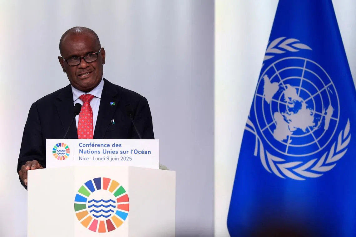 FILE PHOTO: Solomon Islands Prime Minister Jeremiah Manele delivers a speech during a plenary session at the third United Nations Ocean Conference (UNOC3), which gathers leaders, researchers and activists to discuss how to protect marine life, at the Centre des Expositions conference centre in Nice, France, June 9, 2025. REUTERS/Manon Cruz/File Photo
