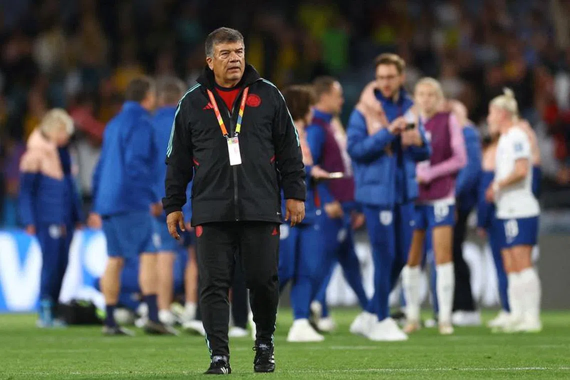 FILE PHOTO: Soccer Football - FIFA Women’s World Cup Australia and New Zealand 2023 - Quarter Final - England v Colombia - Stadium Australia, Sydney, Australia - August 12, 2023 Colombia coach Nelson Abadia looks dejected after being knocked out of the World Cup REUTERS/Carl Recine/File Photo