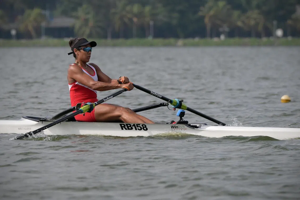 dgrow26/ ST20240226_202425929471/Ng Sor Luan/Olympian Saiyidah Aisyah at time trials held at Pandan Reservoir on February 26, 2024. The trials are held to select a national rower to represent Singapore at the Asian & Oceania Continental Qualification Regatta.
