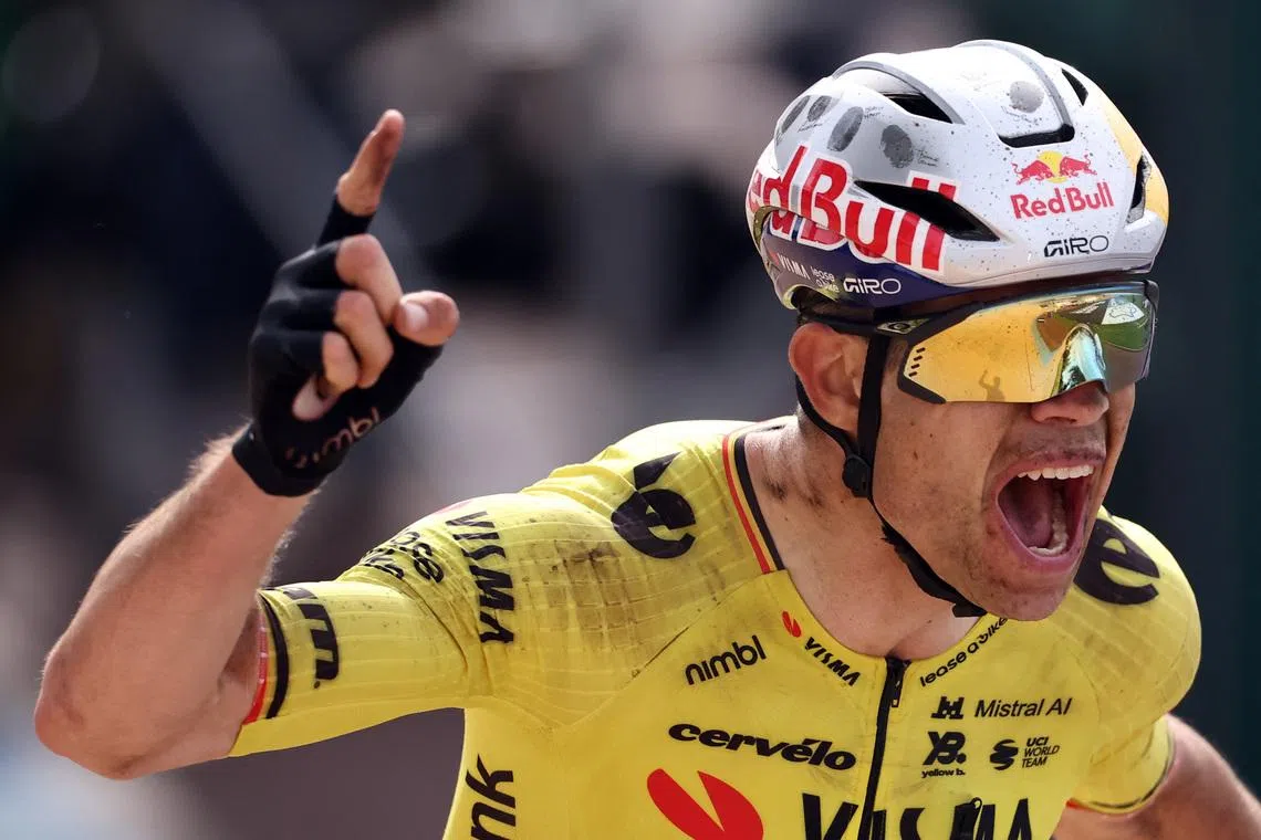 Cycling - Paris-Roubaix - Paris, France - April 12, 2026 Team Visma | Lease a Bike's Wout van Aert celebrates after crossing the finish line to win the 2026 Paris-Roubaix REUTERS/Christian Hartmann