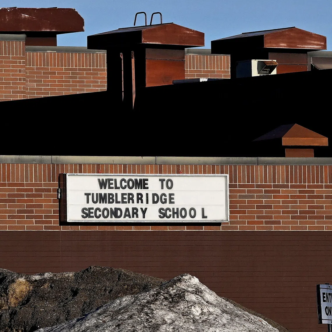 Tumbler Ridge Secondary School three days after a deadly mass shooting at the school, in the town of Tumbler Ridge, British Columbia, Canada, on Feb 13.