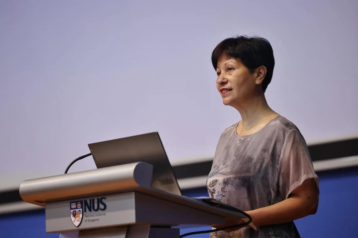Minister in the Prime Minister's Office Indranee Rajah speaking at the Population Association of Singapore conference on sustainable population and development in a new era on May 16.