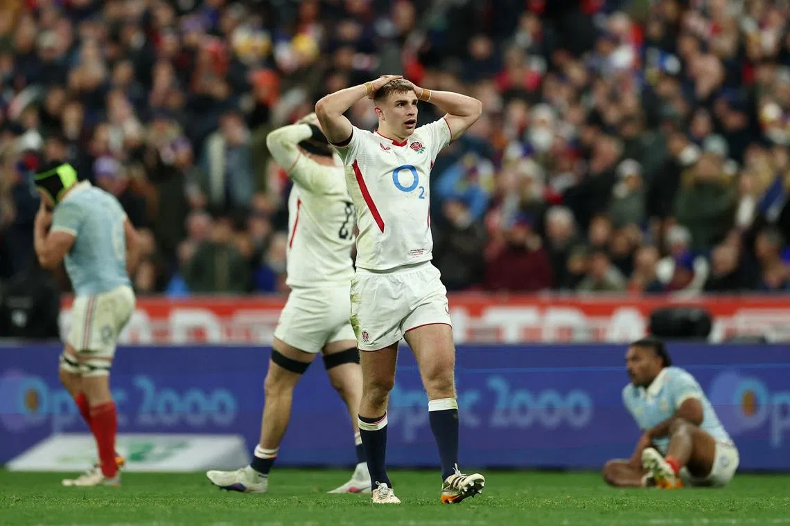 Rugby Union - Six Nations Championship - France v England - Stade de France, Saint-Denis, France - March 14, 2026 England's Seb Atkinson reacts REUTERS/Gonzalo Fuentes