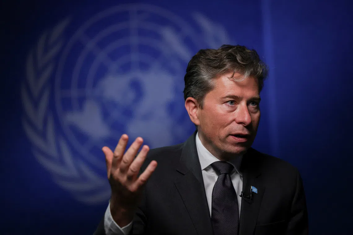United Nations' Under-Secretary-General for Humanitarian Affairs and Emergency Relief Coordinator at the Office for the Coordination of Humanitarian Affairs (OCHA) Tom Fletcher speaks during an interview at U.N. headquarters, in New York City, U.S., September 18, 2025. REUTERS/Jeenah Moon