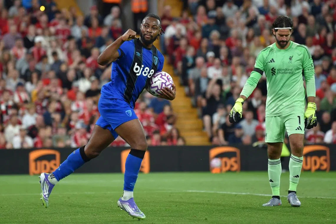FILE PHOTO: Soccer Football - Premier League - Liverpool v AFC Bournemouth - Anfield, Liverpool, Britain - August 15, 2025 AFC Bournemouth's Antoine Semenyo celebrates scoring their first goal REUTERS/Peter Powell/ File Photo