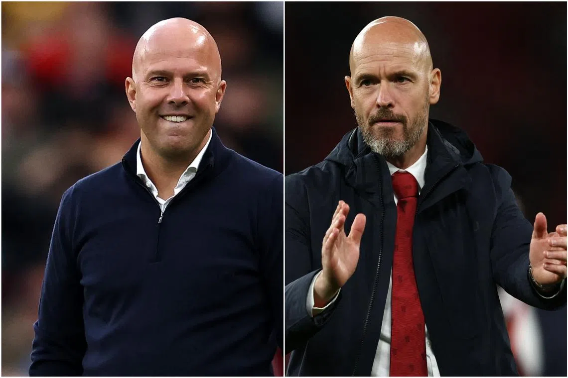 Liverpool manager Arne Slot (left) and Manchester United manager Erik ten Hag will meet on Sunday.