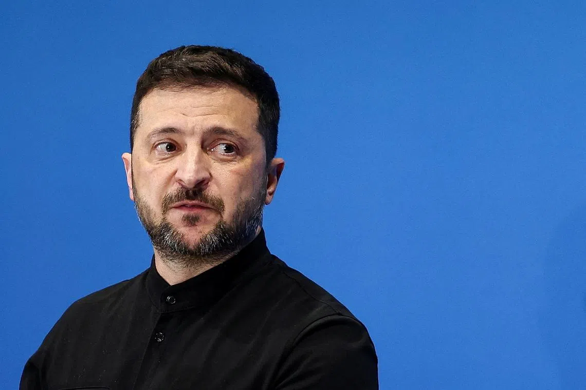 FILE PHOTO: Ukrainian President Volodymyr Zelenskiy speaks during a press conference on the first day of the two-day Ukraine Recovery Conference (URC2025), on plans for the reconstruction of Ukraine, in Rome, Italy, July 10, 2025. REUTERS/Guglielmo Mangiapane/File Photo