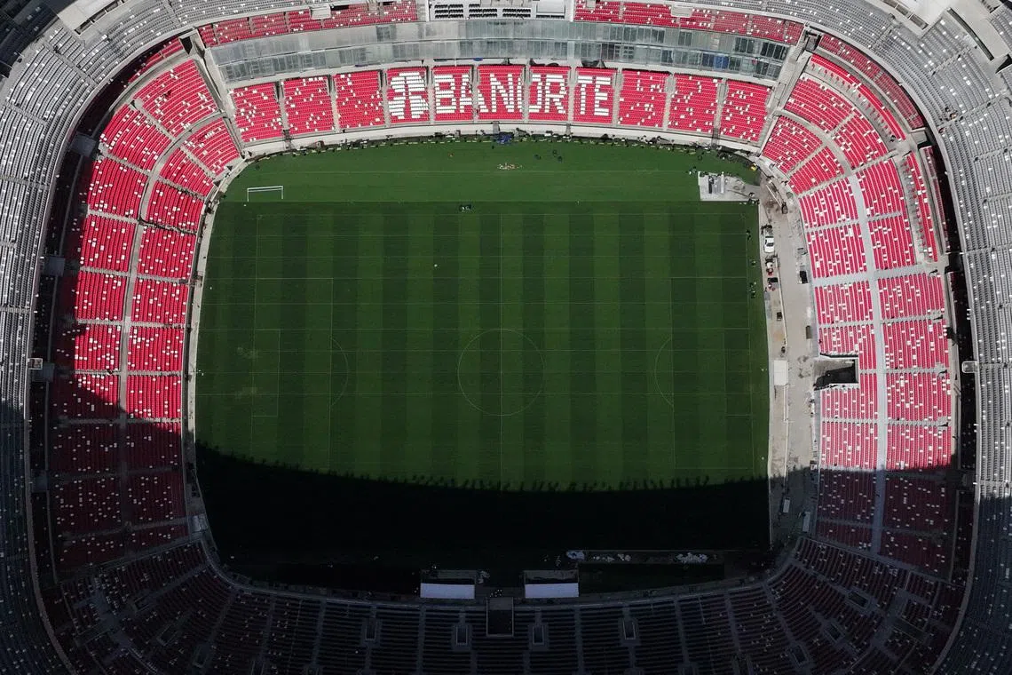 FILE PHOTO: A drone view of Azteca Stadium, officially renamed Banorte Stadium, as renovations continue ahead of the 2026 FIFA World Cup, jointly hosted by the United States, Canada and Mexico, in Mexico City, Mexico, March 26, 2026. REUTERS/Diego Delgado/File Photo