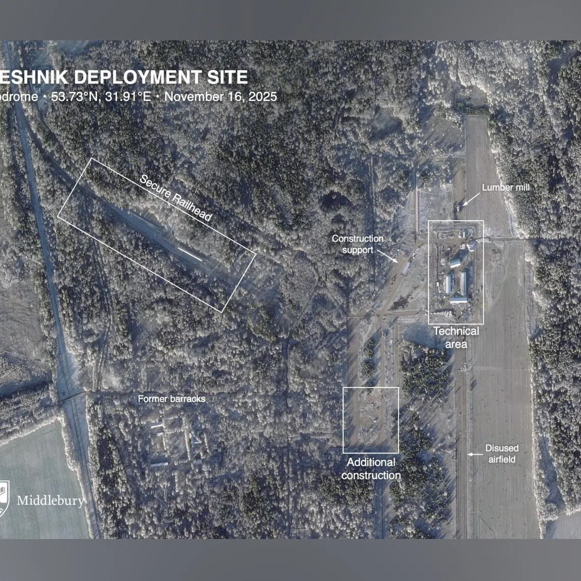 A satellite image from Planet Labs taken Nov 16 shows where Russia's Oreshnik hypersonic missile is likely to be stationed at the disused airbase Krichev in eastern Belarus.