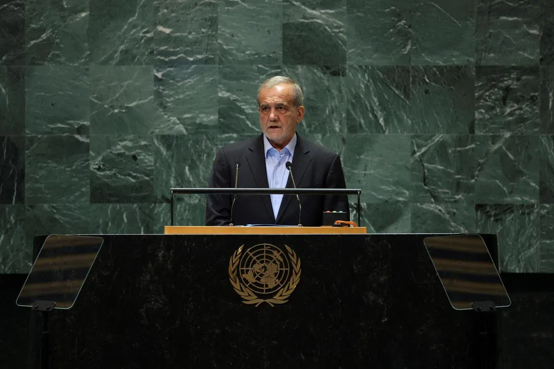 Iran's President Masoud Pezeshkian addresses the 79th United Nations General Assembly at U.N. headquarters in New York, U.S., September 24, 2024.  REUTERS/Mike Segar