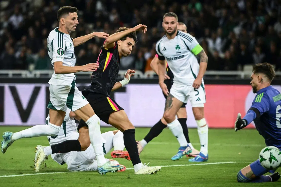 Chelsea forward Joao Felix shoots and scores his team's first goal during the match against Panathinaikos.