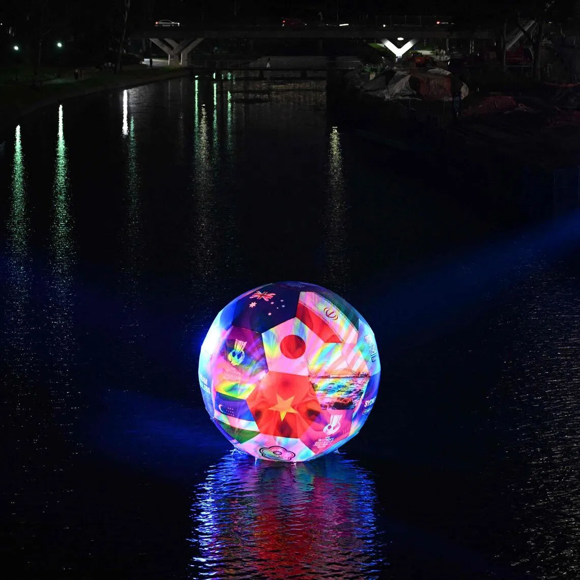 A giant floating football installation is seen on the Parramatta River in Sydney on Feb 21, 2026, ahead of the Women's Asian Cup.
