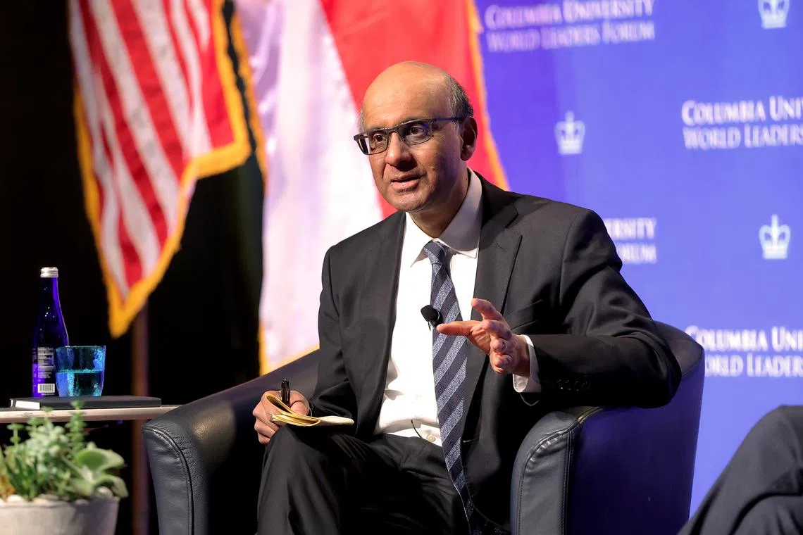 President Tharman Shanmugaratnam speaking at Columbia University's World Leaders Forum on Nov 28.