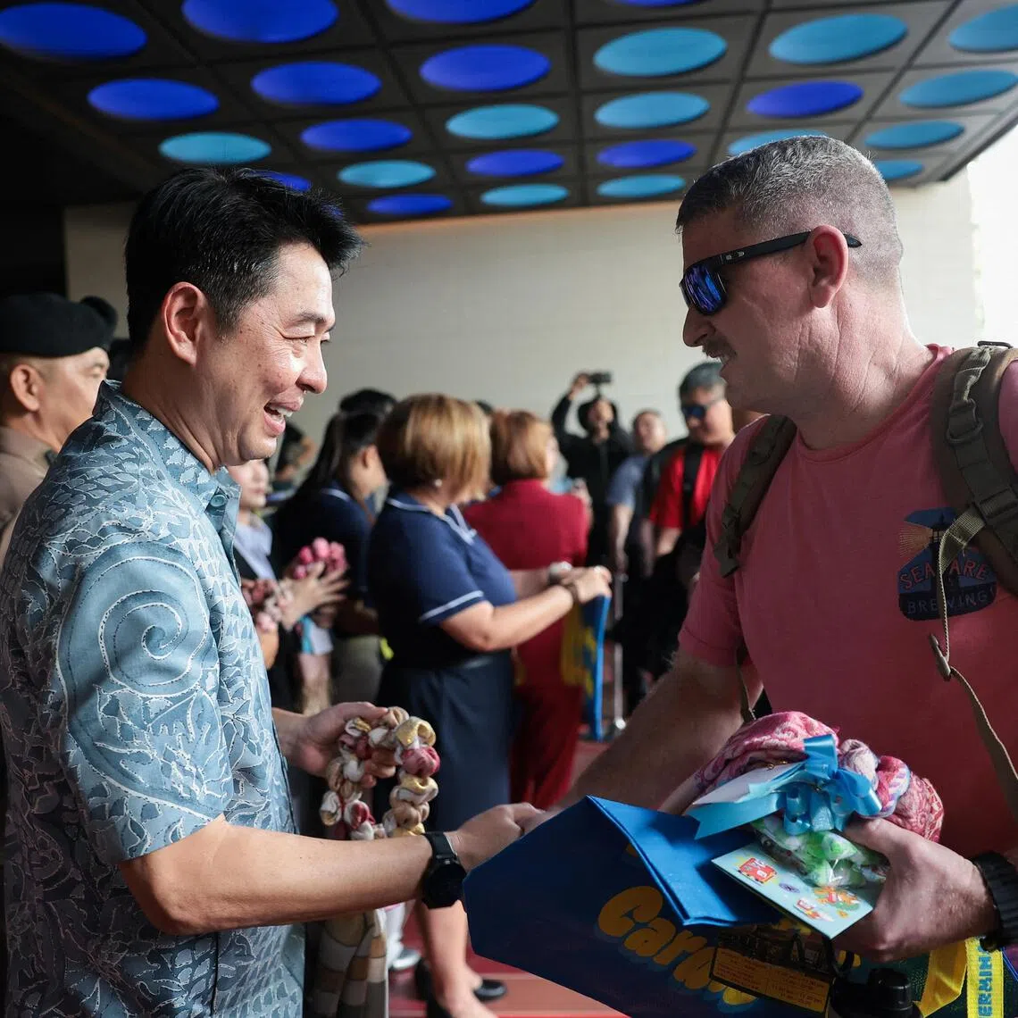 Pattaya Mayor Poramase Ngampiches welcomes members of US military as they arrive at Hard Rock Hotel Pattaya in Thailand, on Sept 2.