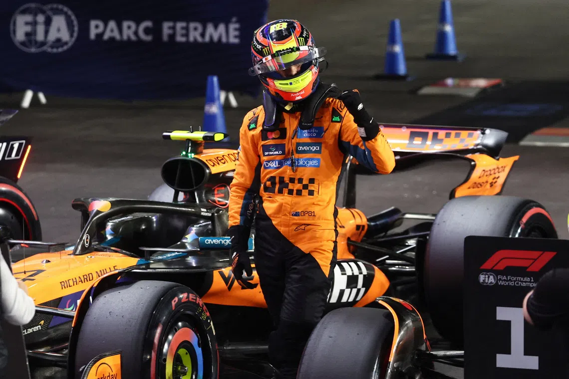 Formula One F1 - Qatar Grand Prix - Lusail International Circuit, Lusail, Qatar - November 29, 2025 McLaren's Oscar Piastri celebrates after qualifying in pole position REUTERS/Jakub Porzycki