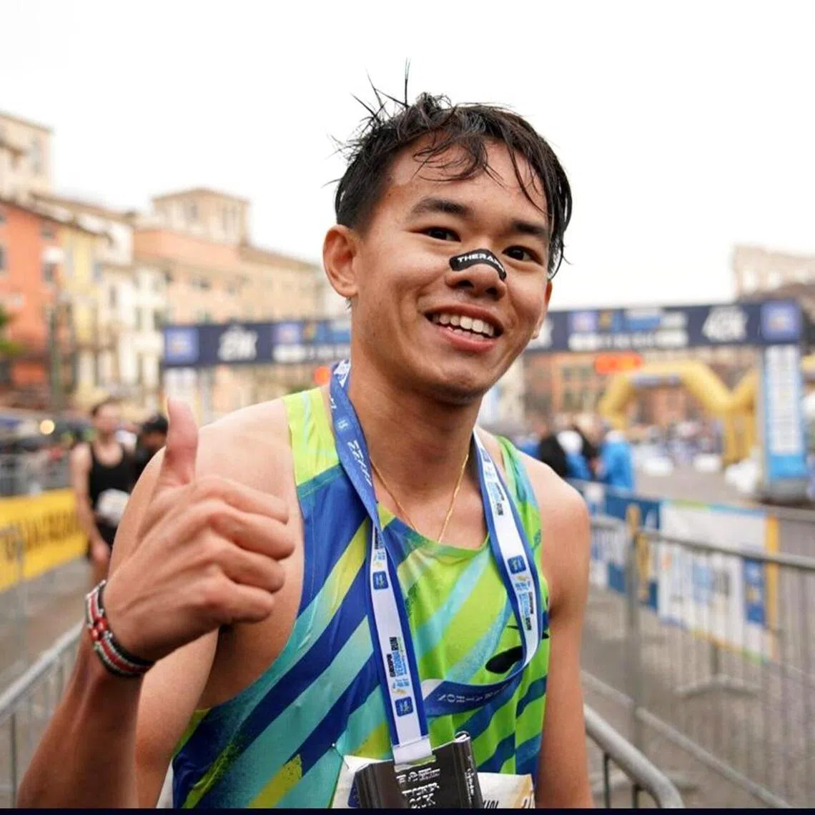 Keane Ko at the finish line of the 2025 Verona Half Marathon, after registering a personal best of 1:10:36.