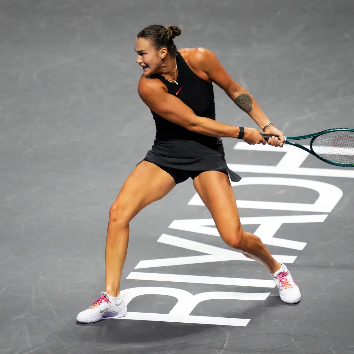 FILE PHOTO: Tennis - WTA Finals - King Saud University Indoor Arena, Riyadh, Saudi Arabia - November 8, 2024 Belarus' Aryna Sabalenka in action during her women's singles semi final match against Coco Gauff of the U.S. REUTERS/Aleksandra Szmigiel/File Photo