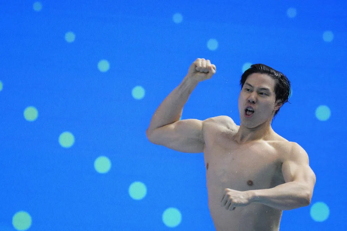 Qin Haiyang of China celebrates after winning the Men's 200m Breaststroke held at the WCH Arena on Aug 1.