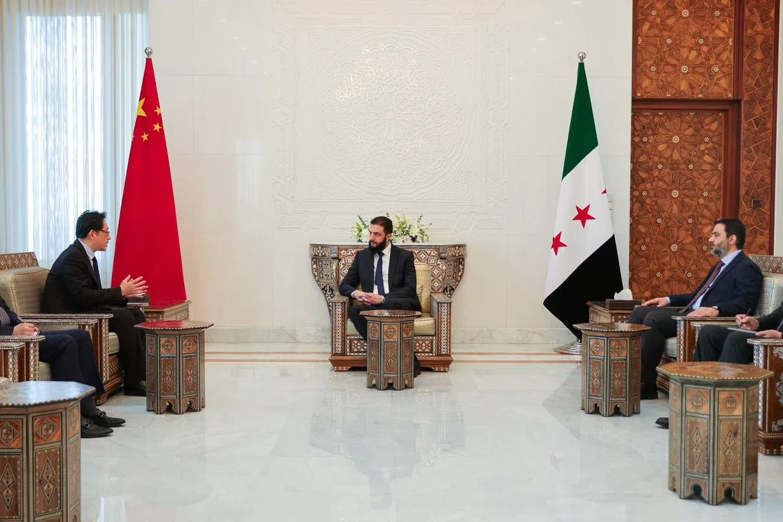 A photo posted to the X account of Syrian President Ahmed al-Sharaa on Feb 21, showing his meeting with Chinese Ambassador Shi Hongwei.