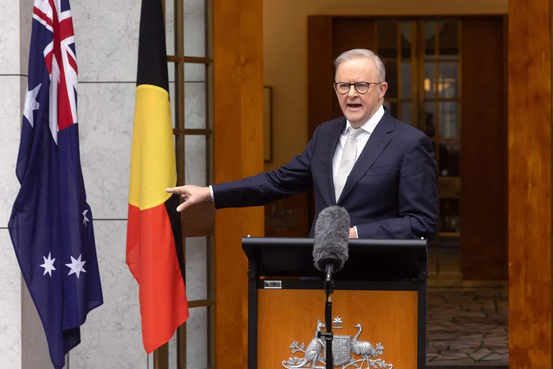 Australian Prime Minister Anthony Albanese speaking at Parliament House in Canberra on March 28.