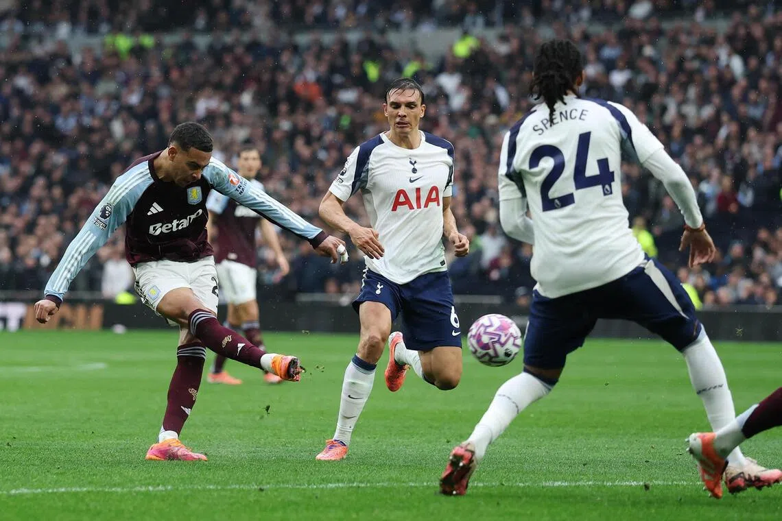 Aston Villa's Morgan Rogers scoring their first goal against Tottenham Hotspur on Oct 19