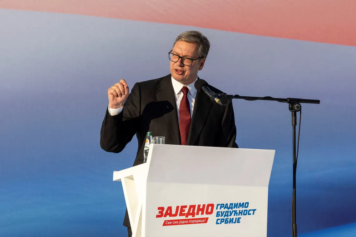 Serbian President Aleksandar Vucic speaks during a major rally organised by Serbia's ruling Serbian Progressive Party (SNS) in Belgrade, Serbia, June 27, 2026. REUTERS/Djordje Kojadinovic