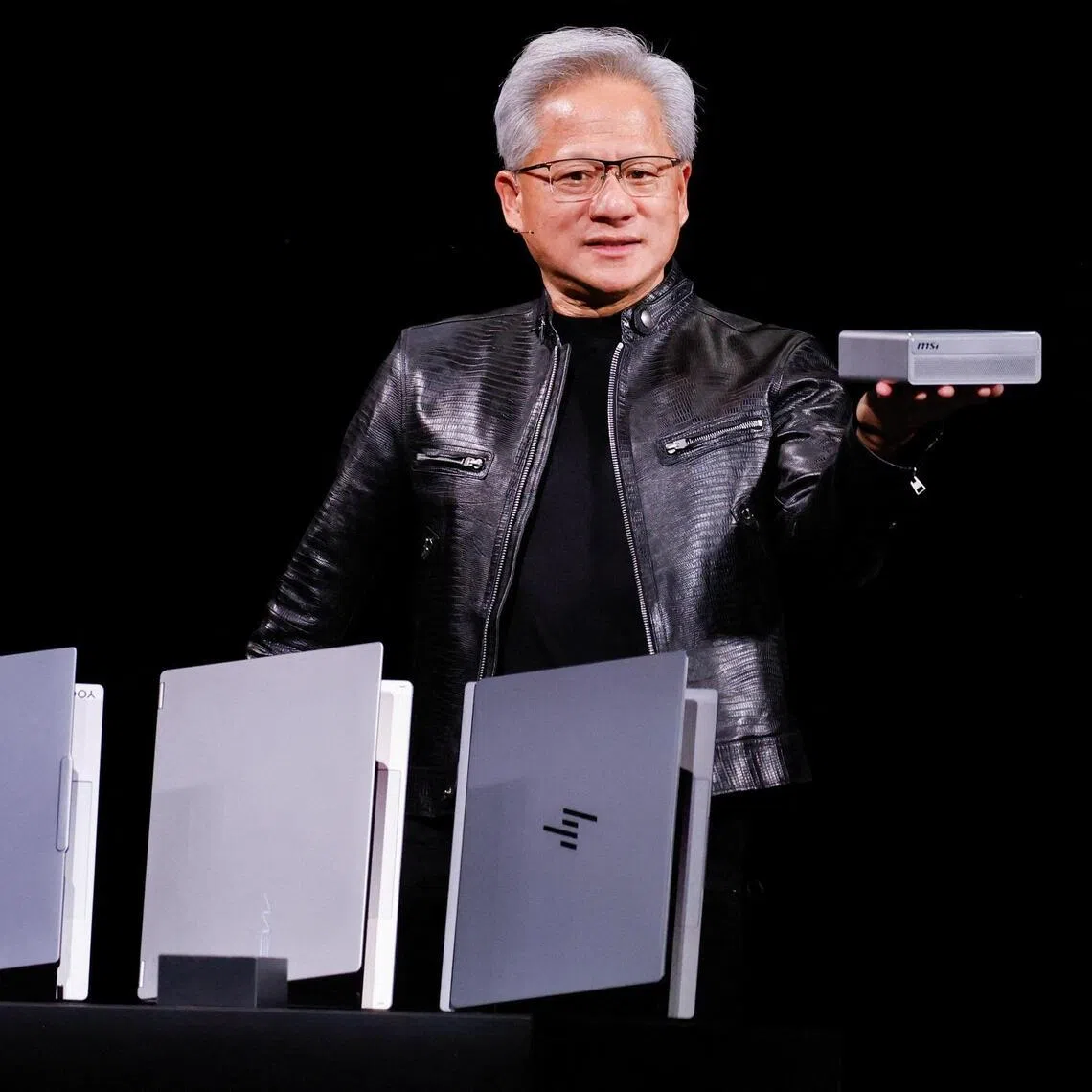 Nvidia CEO Jensen Huang introduces laptop models using its RTX Spark chips in Taipei, Taiwan, on June 1.