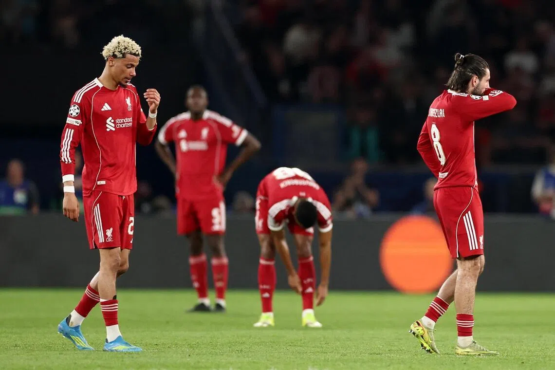 Liverpool's Hugo Ekitike looking dejected on April 9, after Paris St Germain's Khvicha Kvaratskhelia scored their second goal 
