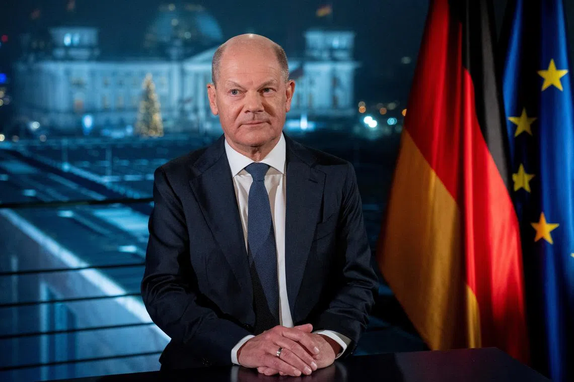 German Chancellor Olaf Scholz poses after the recording of his New Year's speech at the chancellery in Berlin, Germany, December 29, 2024.    Soeren Stache/Pool via REUTERS