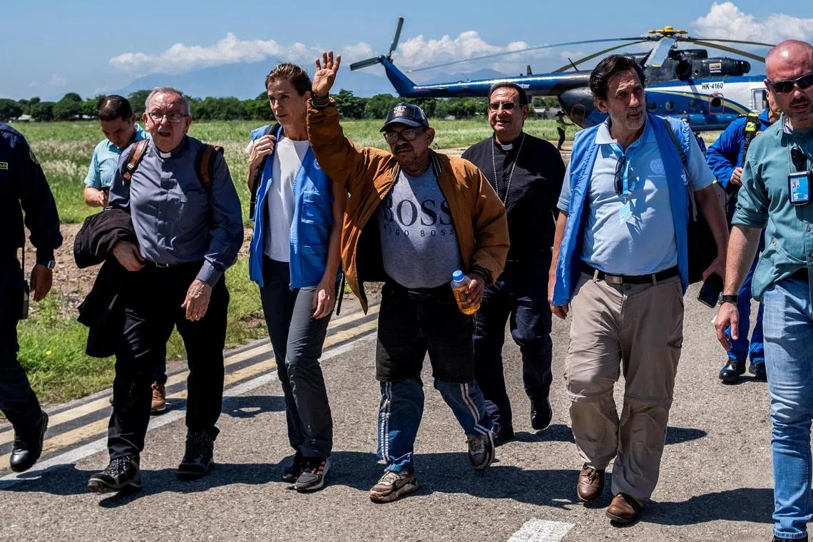 Luis Manuel Diaz, father of Liverpool player Luis Diaz, waves after he was freed by Colombia's National Liberation Army, or ELN.