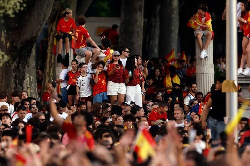 Spain fans pack Cibeles Square in Madrid on July 20, 2026, as they await the arrival of Spain’s players one day after the team won their second World Cup title.