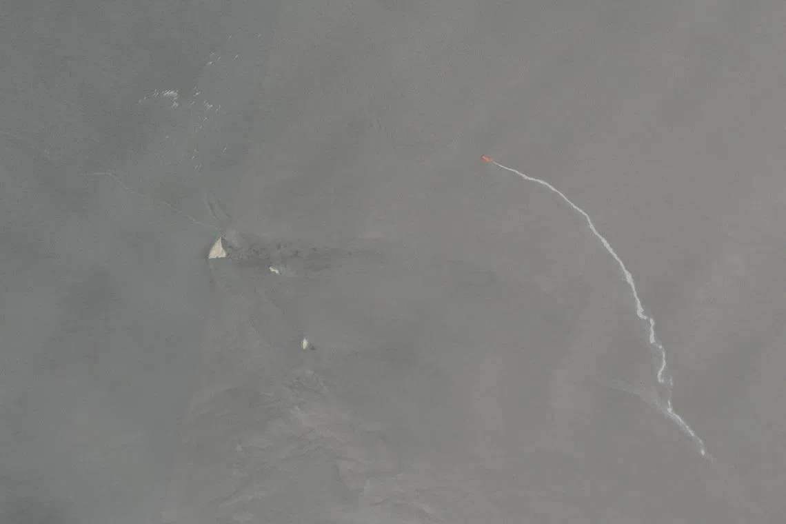 A satellite image shows a white streak trailing from a vessel identified by TankerTrackers.com as the M.V. Barakah, in the Strait of Hormuz, near Musandam Province, Oman, May 9, 2026. European Union/Copernicus Sentinel-2/Handout via REUTERS THIS IMAGE HAS BEEN SUPPLIED BY A THIRD PARTY. MANDATORY CREDIT