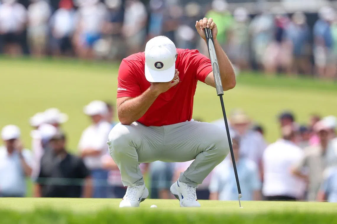 Jun 12, 2025; Oakmont, Pennsylvania, USA; Bryson DeChambeau after missing a putt on the 16th green during the first round of the U.S. Open golf tournament. Mandatory Credit: Bill Streicher-Imagn Images