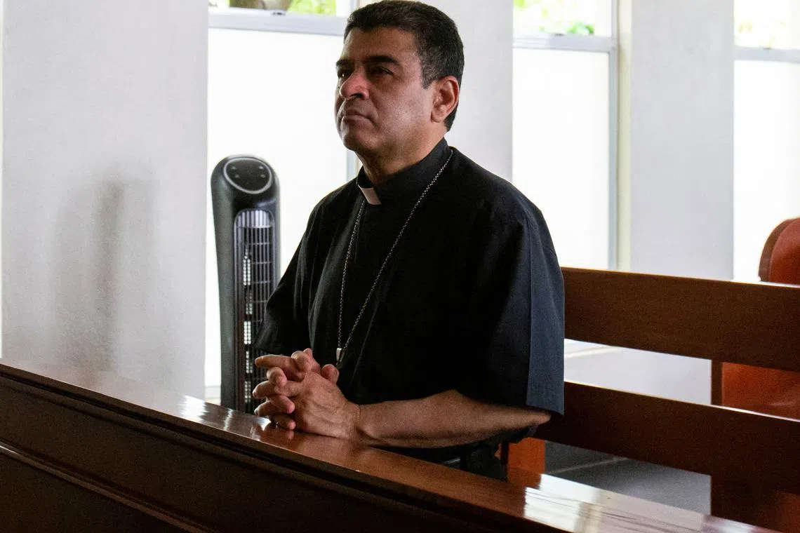FILE PHOTO: Rolando Alvarez, bishop of the Diocese of Matagalpa and a critic of the Nicaraguan President Daniel Ortega, prays at Managua's catholic church where he is taking refuge alleging he had been targeted by the police, in Managua, Nicaragua May 20, 2022. REUTERS/Maynor Valenzuela/File Photo