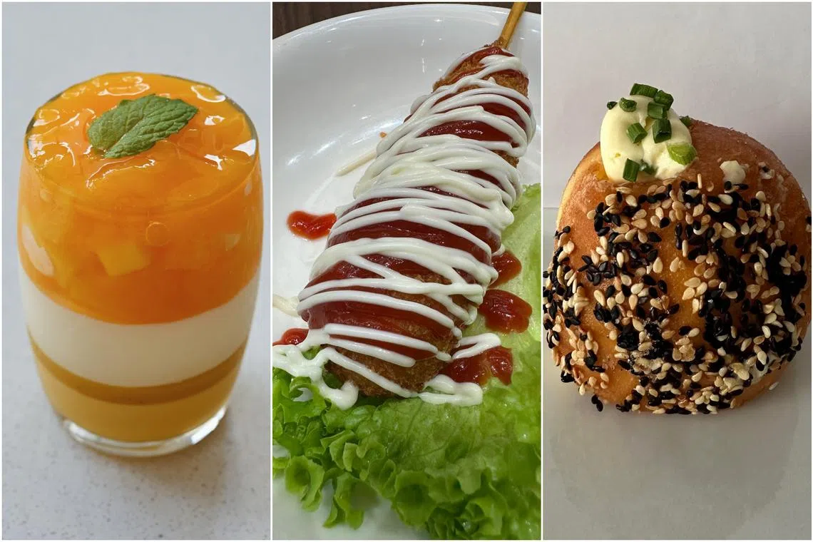(From left) Mango Verrine from Pantler, Corndog from Pocha! Korean Street Dining and Scallion Bombolini from Donas 8.