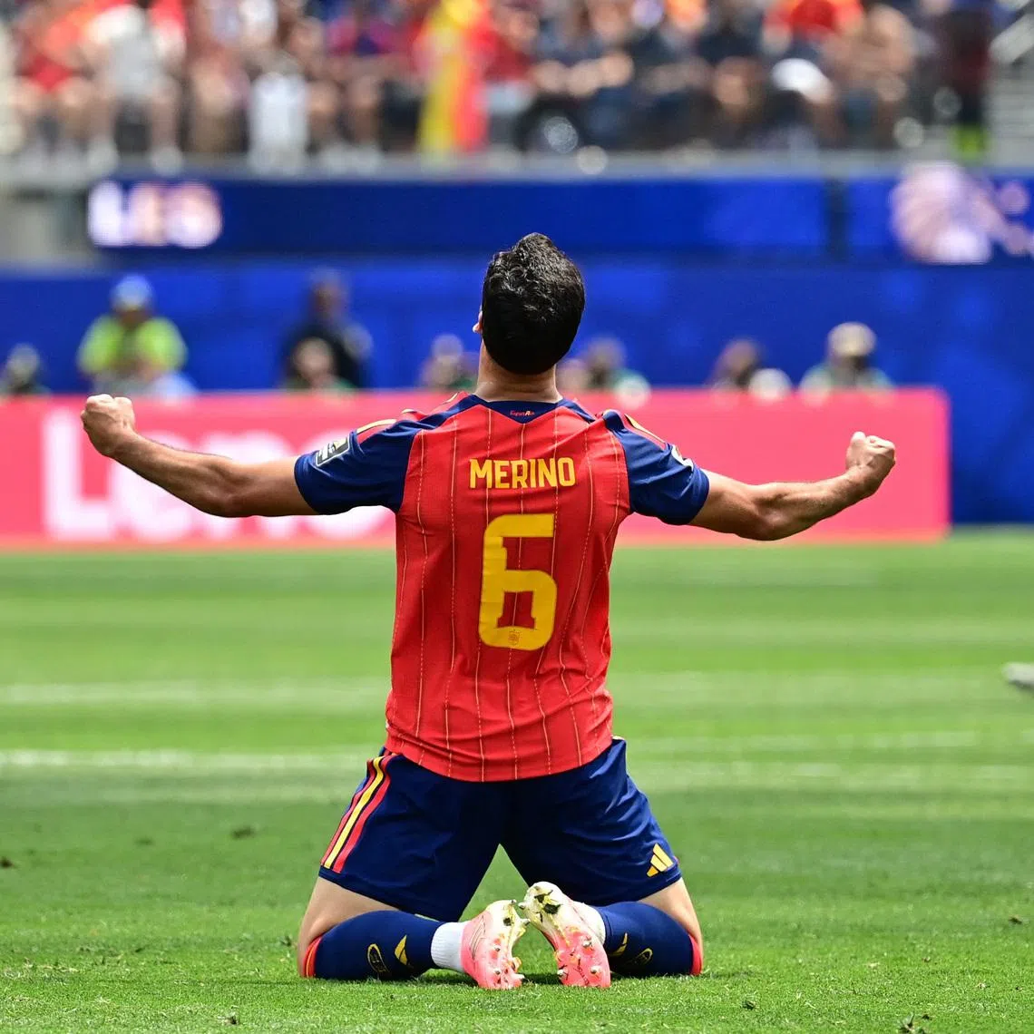 Soccer Football - FIFA World Cup 2026 - Quarter Final - Spain v Belgium - Los Angeles Stadium, Inglewood, California, U.S. - July 10, 2026 Spain's Mikel Merino celebrates after the match as Spain qualify for the semi final stage of the World Cup IMAGN IMAGES via Reuters/Gary Vasquez