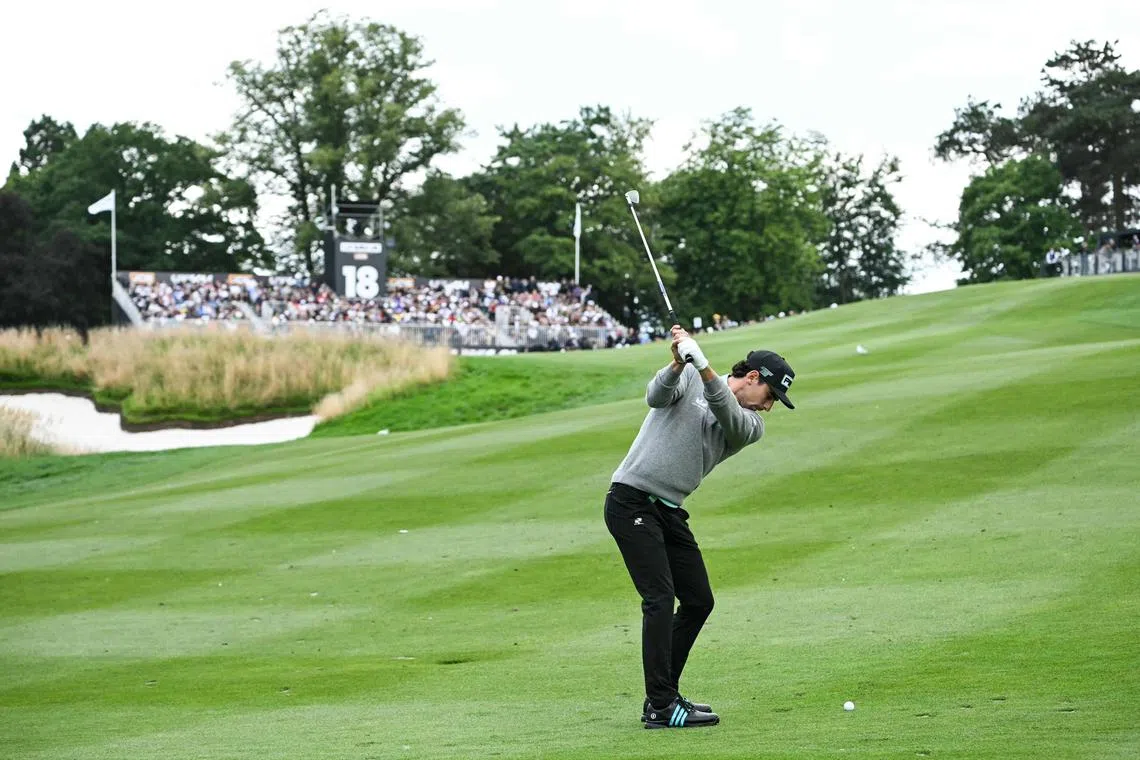 Chile's Joaquin Niemann plays a shot on the 18th on the final day of the LIV Golf League event.