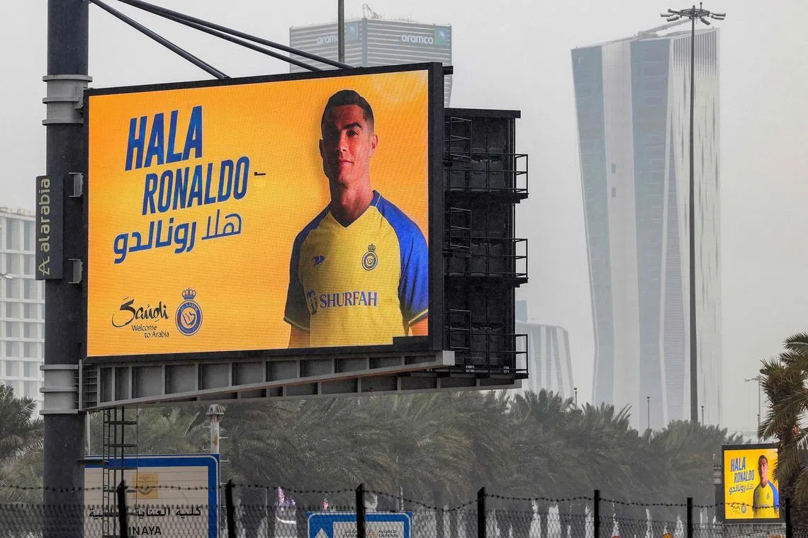 A billboard in Riyadh welcomes Al-Nassr's new signing, Portuguese forward Cristiano Ronaldo, on Jan 3, 2023. 