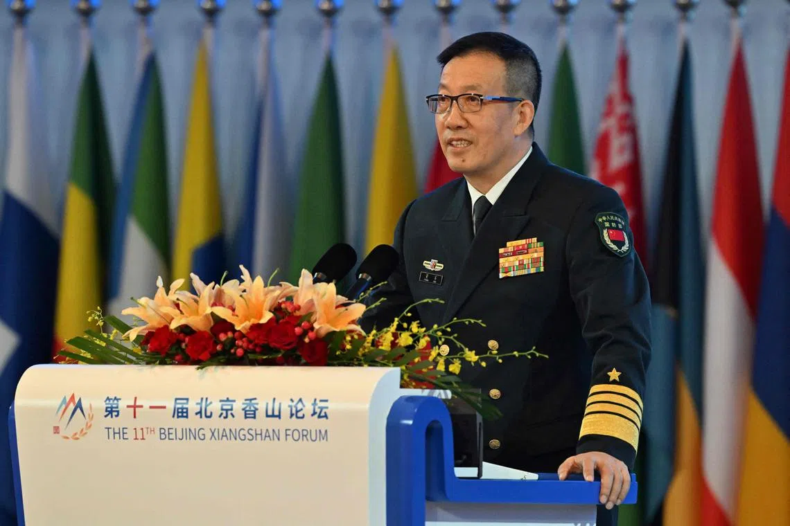 China’s Defence Minister Dong Jun delivers a speech during the opening ceremony of the 11th Xiangshan Forum at the Beijing International Convention Center on Sept 13, 2024. 
